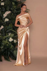 Gorgeous Champagne Gold Mermaid Evening Dress Off-the-Shoulder Split